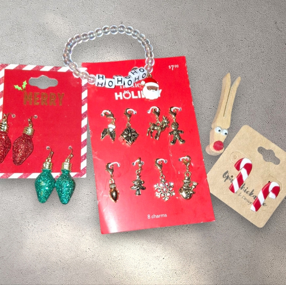 Xmas Bundle Earrings, Charms, Santa Bracelet and Clothespin Brooch